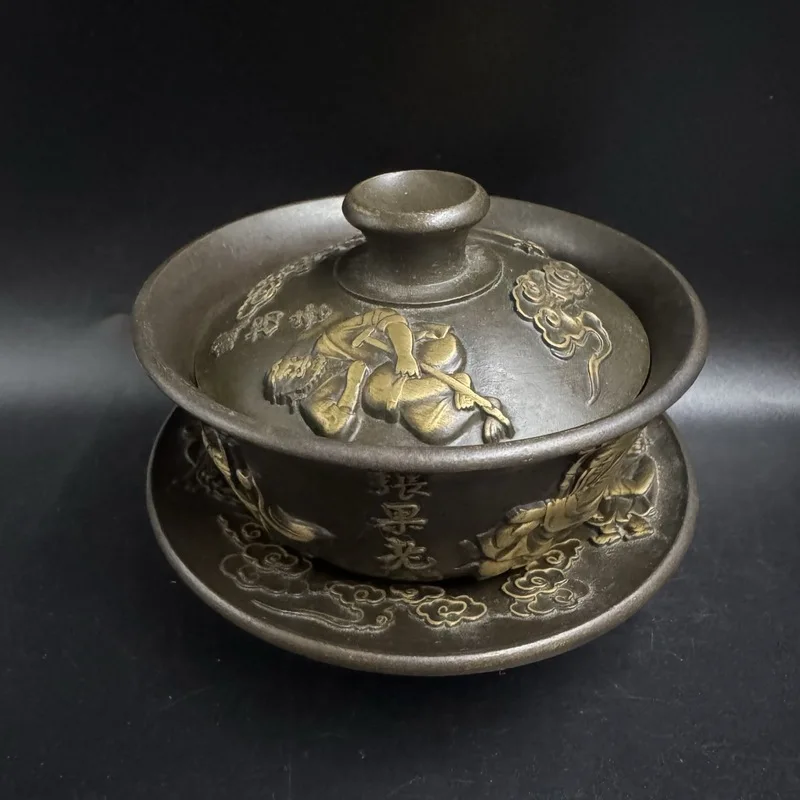 Antique copper gilded dragon phoenix motifs, -piece tea set with lid, Xuan De era three-talents and eight-