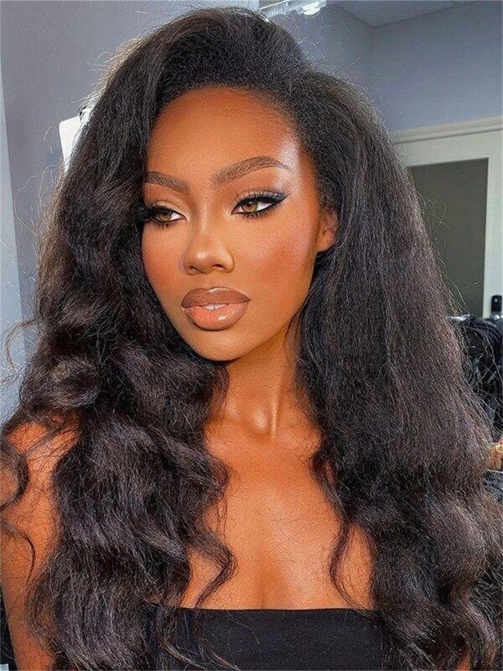 Long Soft Yaki 180Density Long Natural Black Kinky Straight Wave 13x4 Lace Front Wig For Women With Baby Hair Glueless image 3
