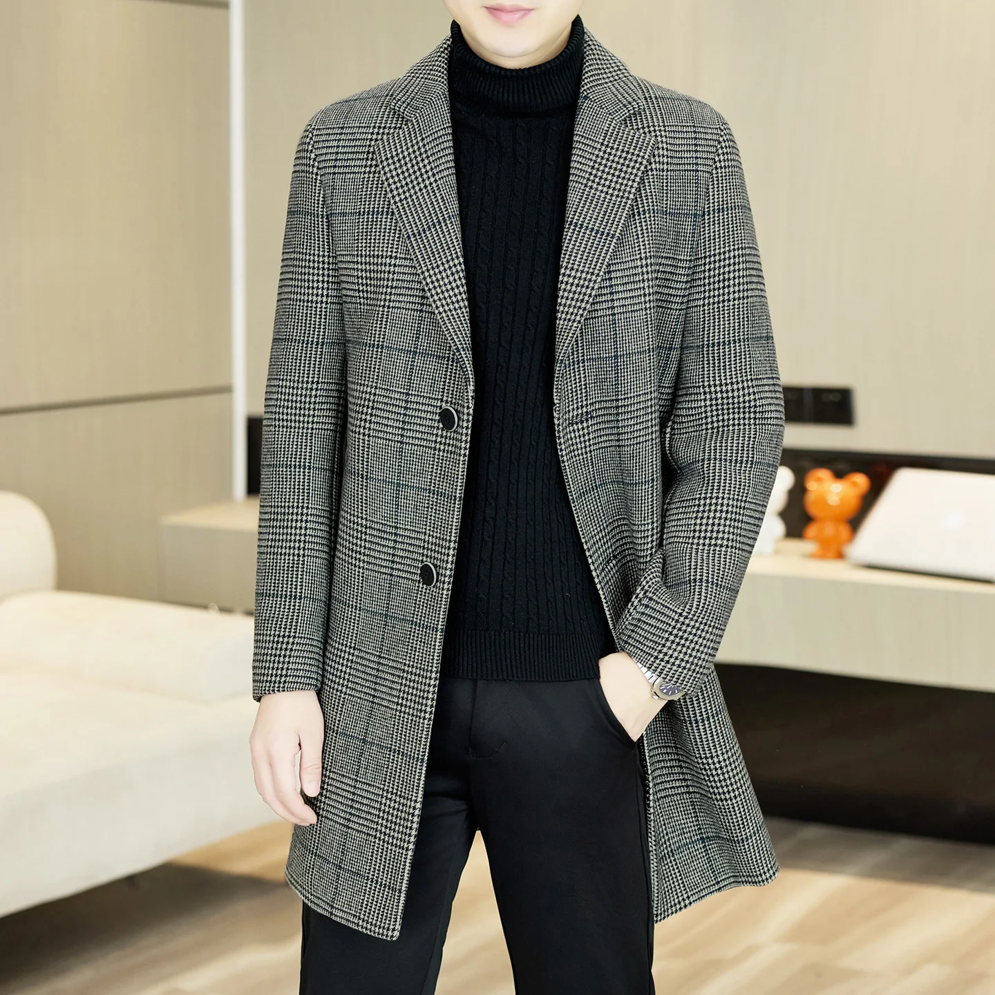 Business Casual Men's Mid-Length Plaid Woolen Coats 2026 Autumn Winter 60% Wool Overcoat Outerwear Checkered Windbreaker Jackets