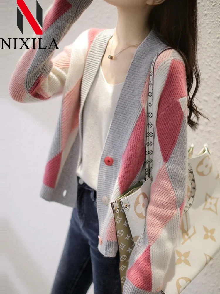 New In Winter Autumn Women\'s Knitted Cardigan Jacquard V-neck Sweater Loose Fashion Color Matching Short Coat Long Sleeved Tops