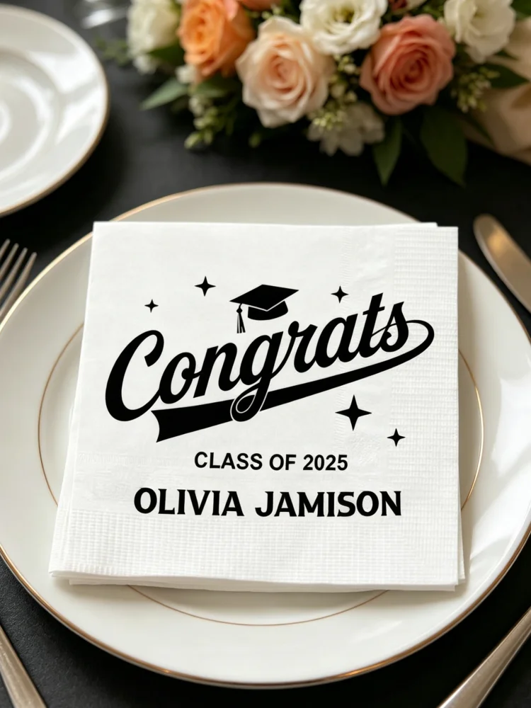 Personalized Congrats Grad Cocktail Napkins Custom Name Disposable Paper Beverage Napkins Class of 2026 Graduation Party Table