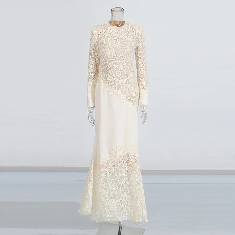 Weißes Spitzen-Meerjungfrauenkleid mit Langen Ärmeln, O-Ausschnitt, Figurbetontes Maxikleid, Elegantes Damenkleid für Hochzeit, Party, Formelle Anlässe und Abschlussball – Detail 8