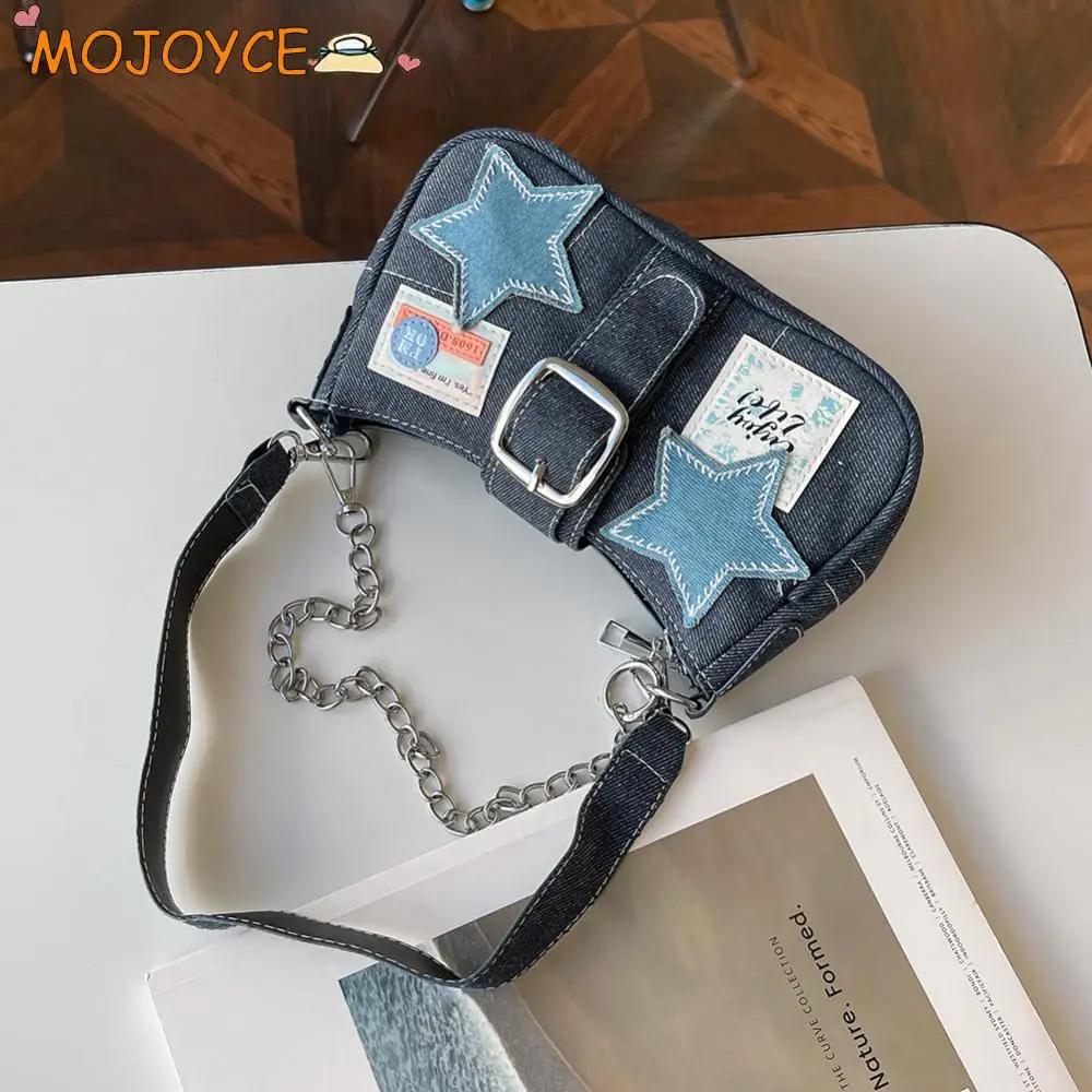

Women Versatile Armpit Bag Stars Pattern Denim Simple Tote Handbag Adjustable Strap Vintage Chain Handbag Female Dating Bag