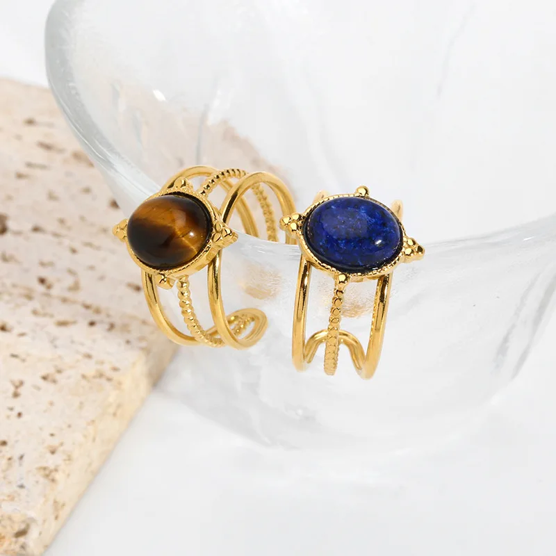 خواتم اللازورد للنساء لون ذهبي من الفولاذ المقاوم للصدأ والأحجار الكريمة قابلة للفتح