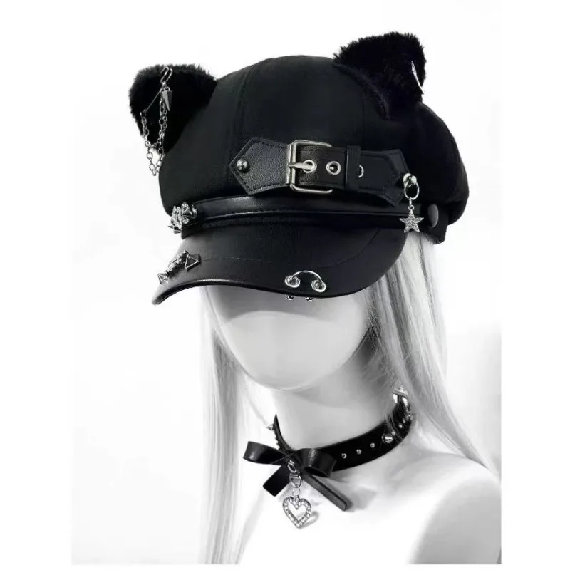 Harajuku Gothic Lolita Cool Punk Skull Spike Cap Biker Nieuws Jongen Hip Pop Hoeden Heren Vrouwen Unisex Baret Kat Oor Ontwerp Punk Caps