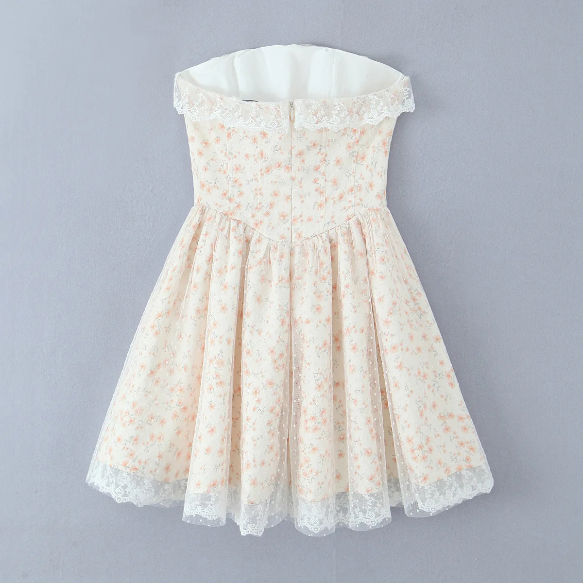 Pretty Girl Floral Print Mesh Strapless Mini Dresses Women Front Lace Up Bandage Birthday Party Dress French Bridesmaids Robe