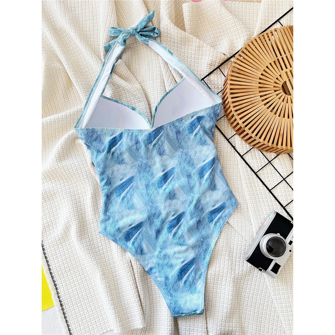 Bedruckter Neckholder-Badeanzug mit V-Ausschnitt und integriertem BH, einteiliger Badeanzug für Damen, Monokini mit hohem Beinausschnitt, Badebekleidung, Badeanzug, Modell V5739. – Detail 6