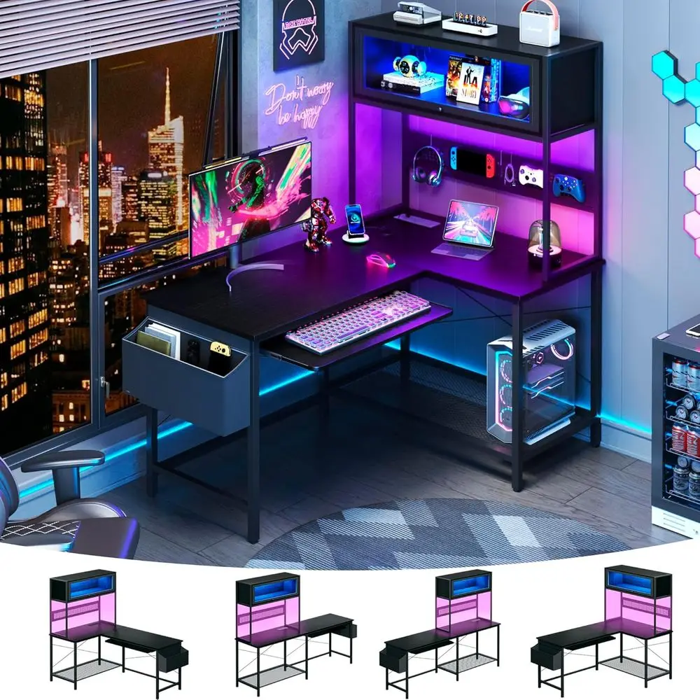

39'' L-Shaped Gaming Desk with LED Lights and Power Outlets, Compact Computer Desk with Hutch, Pegboard, Display Cabinet, and Ke