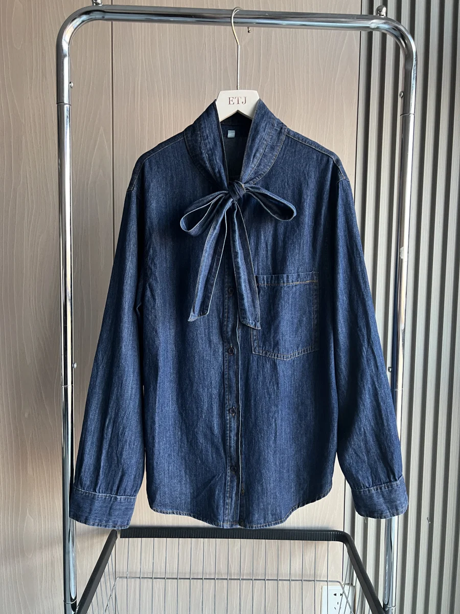 TRF Butterfly Bow Denim Shirt for Women traf 2024 New Fashion Soft Tied Design and Long Sleeve Casual Shirt