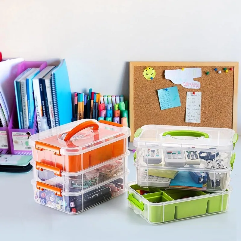 3-Tiers Stack Carry Storage Box With Divided Tray, Stackable Storage Container With Handle, School Office Storage Supplies