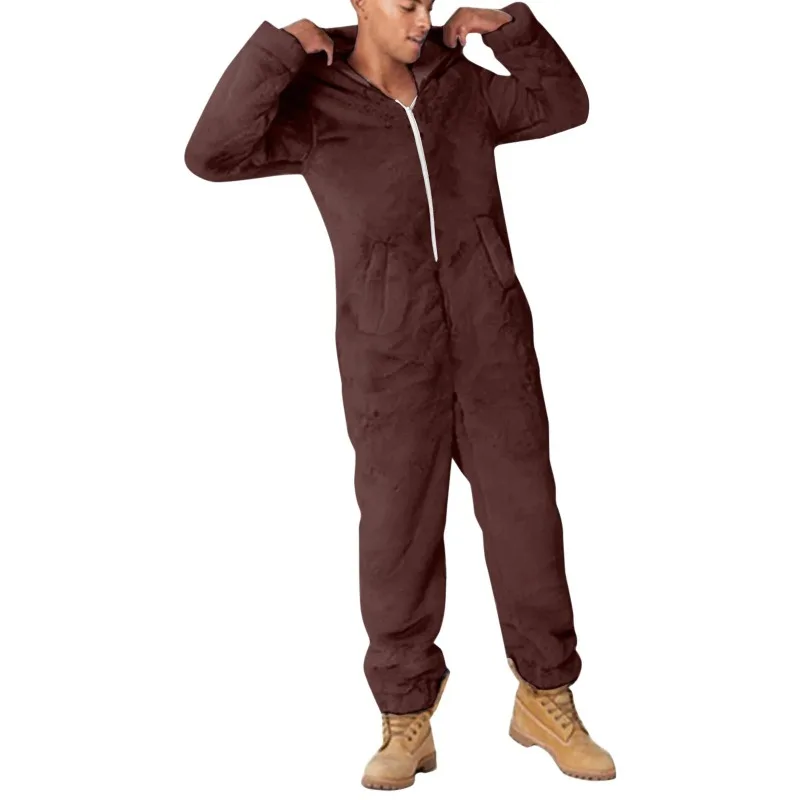 Popular Winter Thickened Double-sided Velvet Men's Solid Color Hooded One-piece Pajamas Casual Loungewear Men Jumpsuit image 2