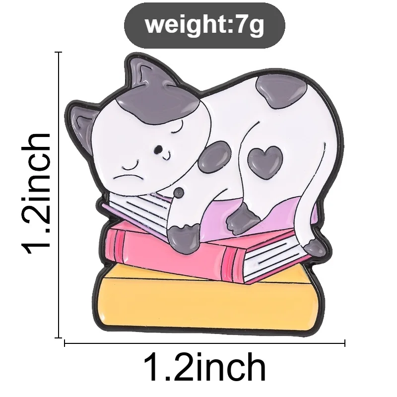 Napping Cat On Stacked Books Enamel Pin, Kawaii Reading Kitty Brooch With Heart Spots For Book Lovers And Relaxed Outfit
