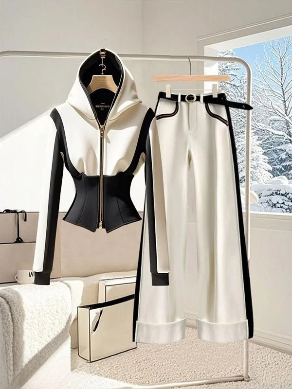 

Повседневные широкие брюки с капюшоном American Sle, женский модный комплект из двух предметов, длинные брюки с высокой талией и грушевидной частью...