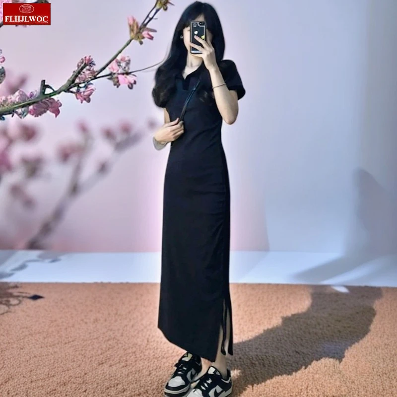 2025 الصيف لطيف الفتيات الحلو النساء كوريا اليابان نمط Preppy عادية كم قصير الصلبة الأسود القطن يمزج تي شيرت فستان