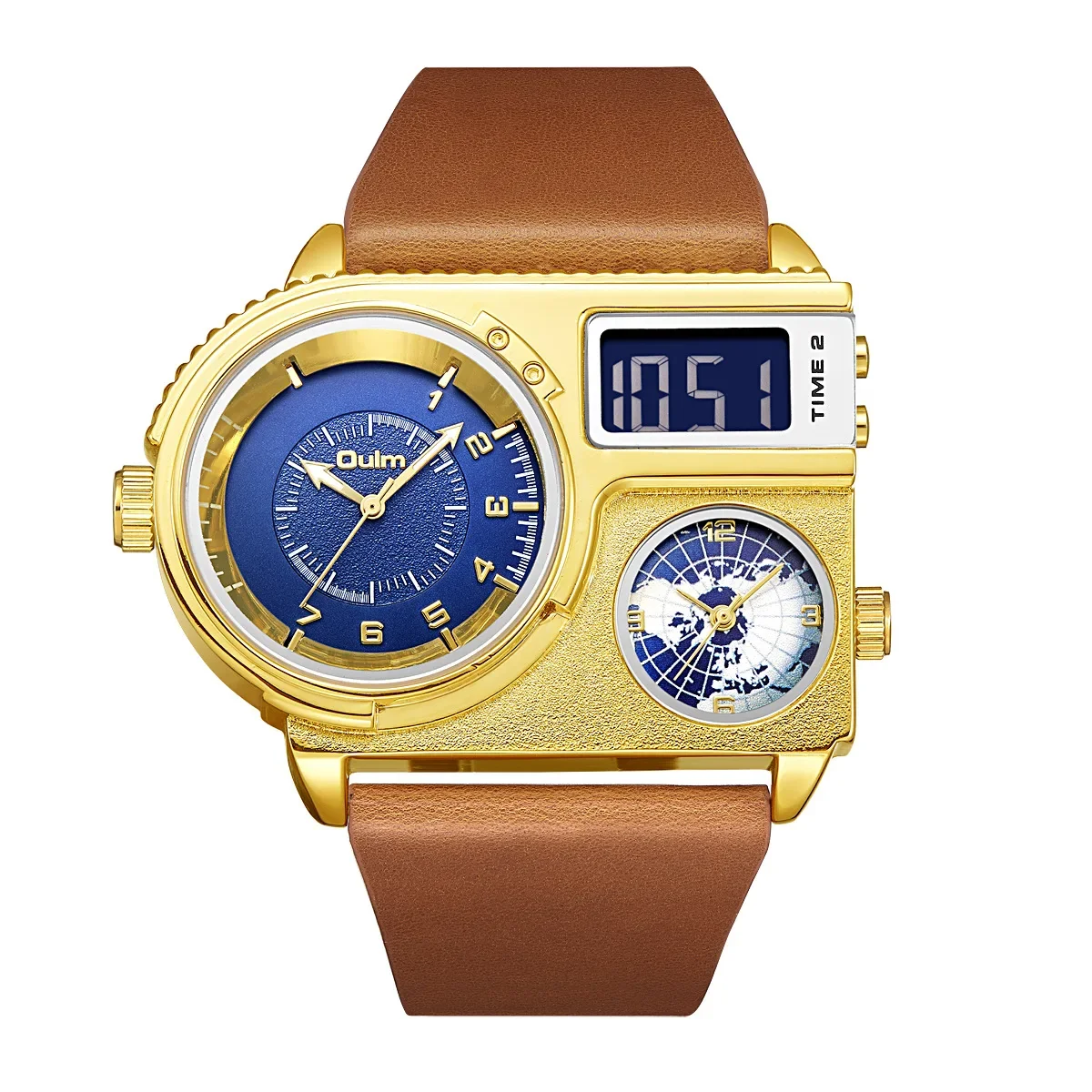 Oulm Brand New Style Men's Dual Time Zone Sport Watch Big Dial Quartz Clock Hours Mens Genuine Leather Strap Wristwatch