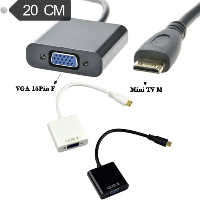 20cm Micro/Mini HDMI Compatible to VGA Cable High-Definition Converter to VGA Connector With Audio (Black And White)