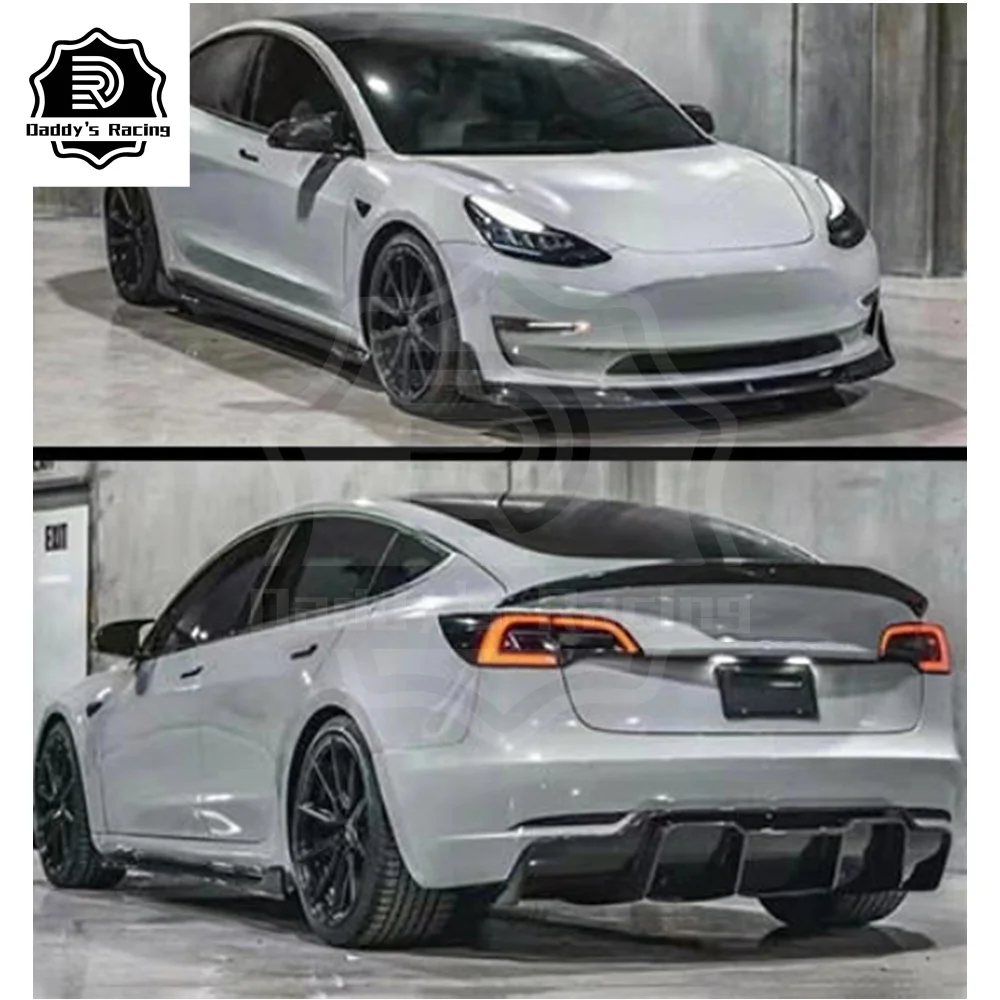 Carbon Fiber Front Lip Rear Diffuser Side Skirts Trunk Wing Spoiler Fit For 2017-2019 Model 3 V Style Body Kit Set Car Tuning