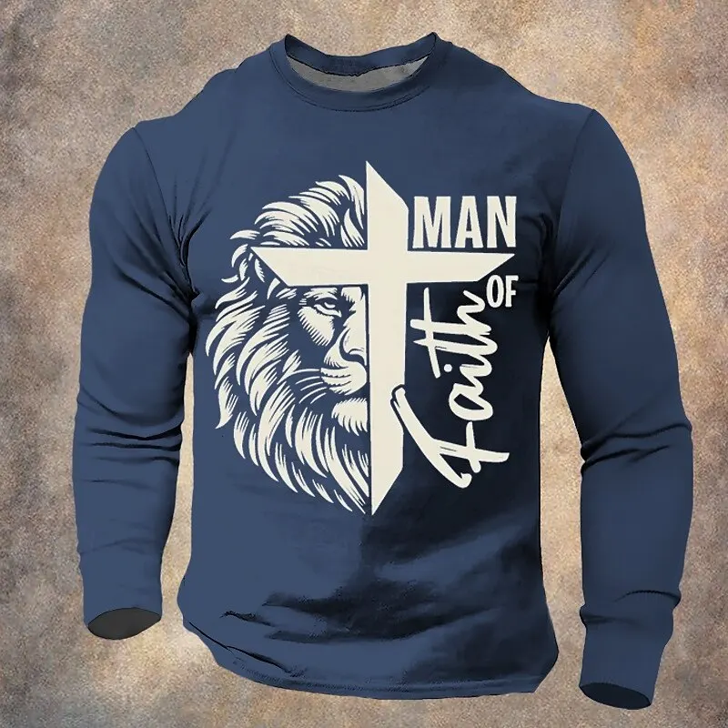 

Animal Lion Pattern Men's Long Sleeve T-Shirt 3D Letter Print Fashion Casual Round Neck Pullover Loose Comfortable Adult Clothes