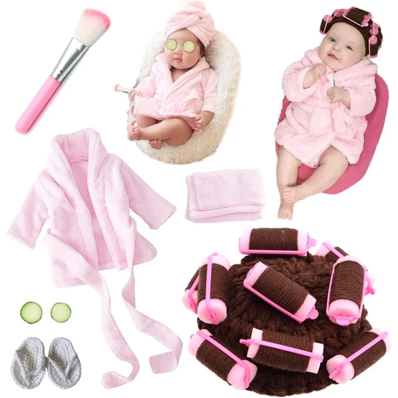 7pcs/ Newborn Photography Props Newborn Girl Photoshoot Outfits Crochet Baby Curler Hat with Makeup Brush for Infant Boys Girls