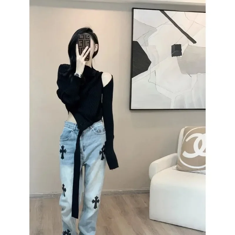 Modna workowate dลผinsy damska niebieska wysoka talia szeroka nogawka spodnie dลผinsowe naszywka z krzyลผem Harajuku proste spodnie Streetwear spodnie