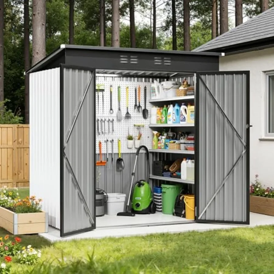 Outdoor storage shed for bikes, gardening tools, and lawn mowers; white metal, waterproof, all-weather shelter with door and lo