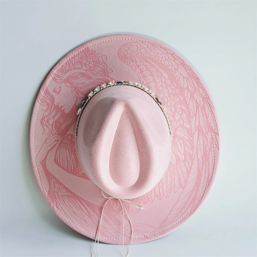 Custom Engraved Suede Hat Woman Fedora Laser Engraved Angle girl Burned pattern Wide Brim fedora hat Cowgirl hat Party Caps jazz