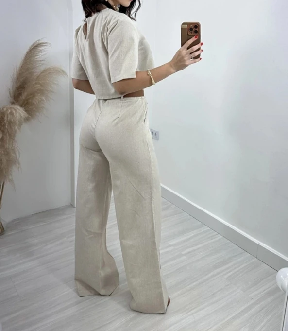 Women's 2024 Summer Two Piece Pants Set Solid Color Round Neck Short Sleeve Umbilical Top+Straight High Waist Wide Leg Pants
