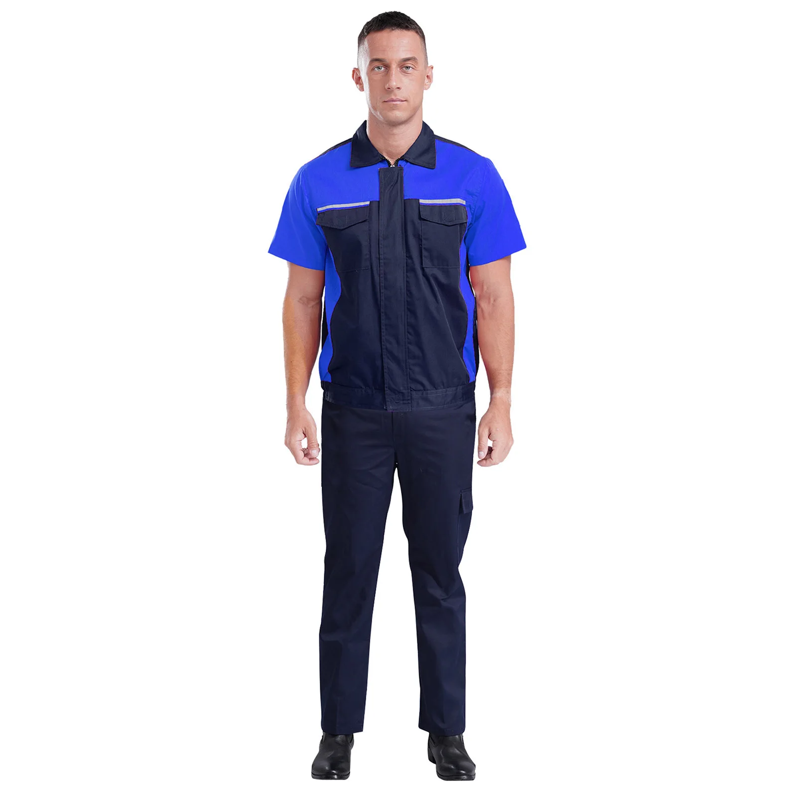 Men Cotton Work Suit Mechanic Factory Short Sleeve Dustproof Shirt Tops with Elastic Waist Pants Workwear Workshop Uniform