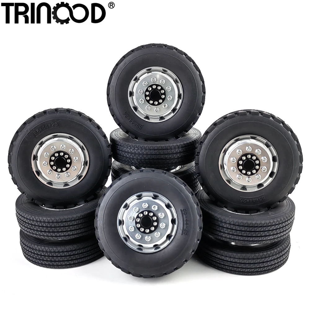 TRINOOD 8PCS Tamiya Wheel Tires 8X8 Complete Set Front Rear Wheel Hub Rubber Tyre for 1/14th Scale RC Tractor Truck Trailer Car