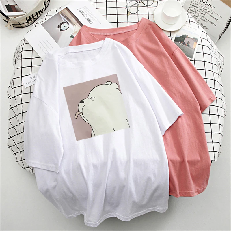 Hirsionsan 100% Cotton T Shirt Women Female Kawaii Bear Print Soft Clothes Oversized Tops Casual Ins 2023 Harajuku Chic Tees