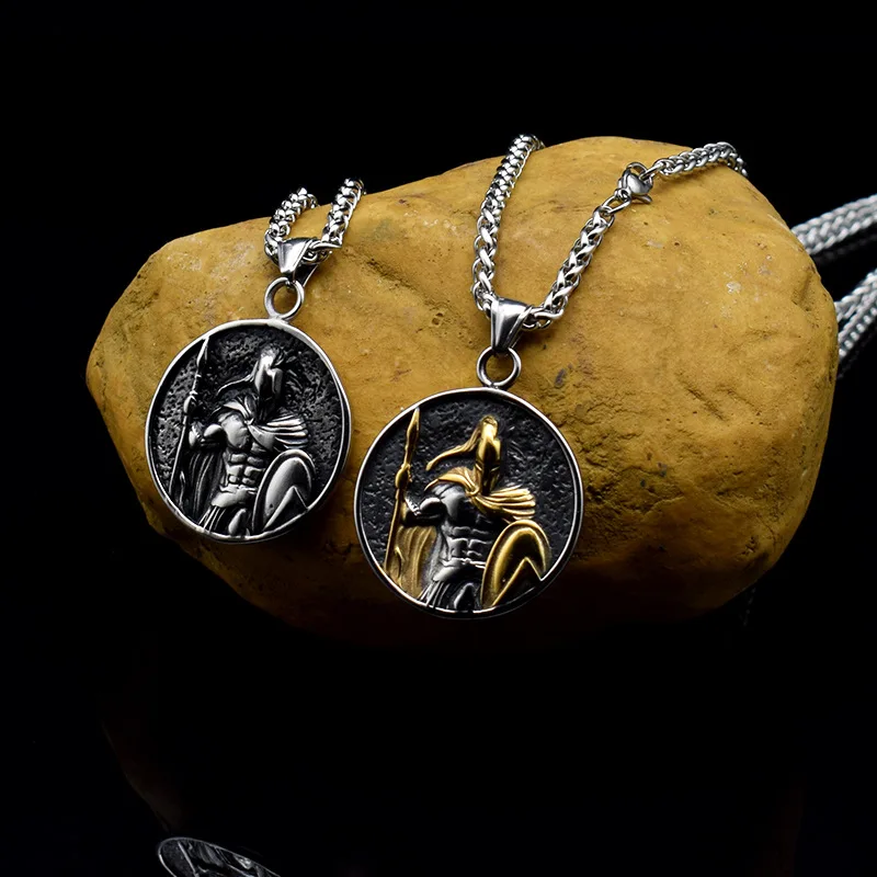4 Colors Viking Warrior Round Pendant Stainless Steel Box Chain Retro Spartan Men Statement Necklace Jewelry