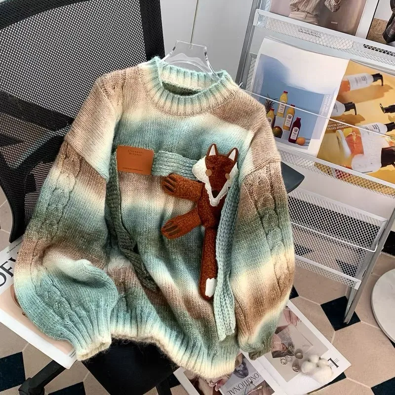 

Grunge Streetwear Contrast Color Stripe Pull Femme Autumn Winter Vintage Loose Sweater Y2k Kawaii Cartoon Chic Knit Jumpers