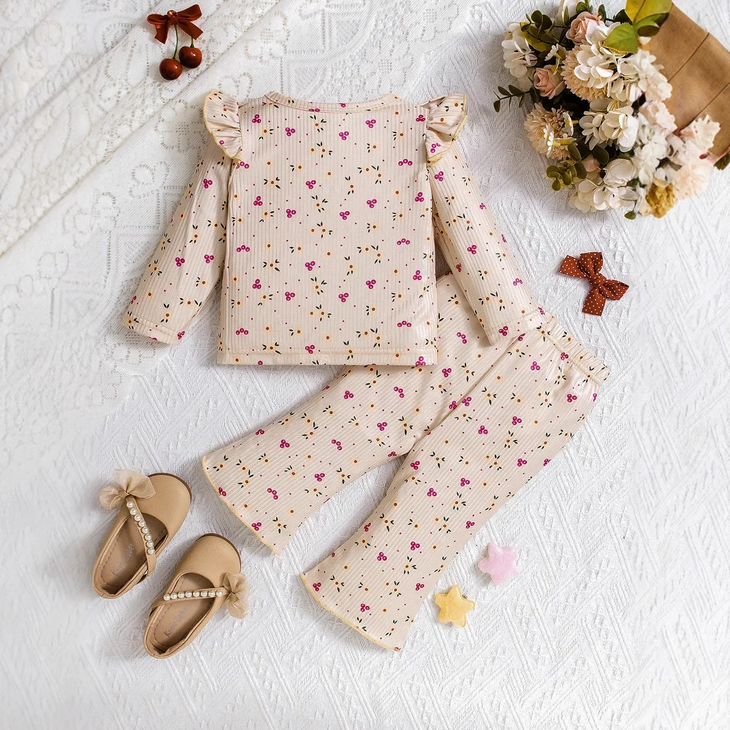 2024 New Winter Children Sets Long Sleeve Ruffles Floral T-shirt Flare Pants 2 Pcs Roupa Infantil Menina Clothes Sets 6M-3T