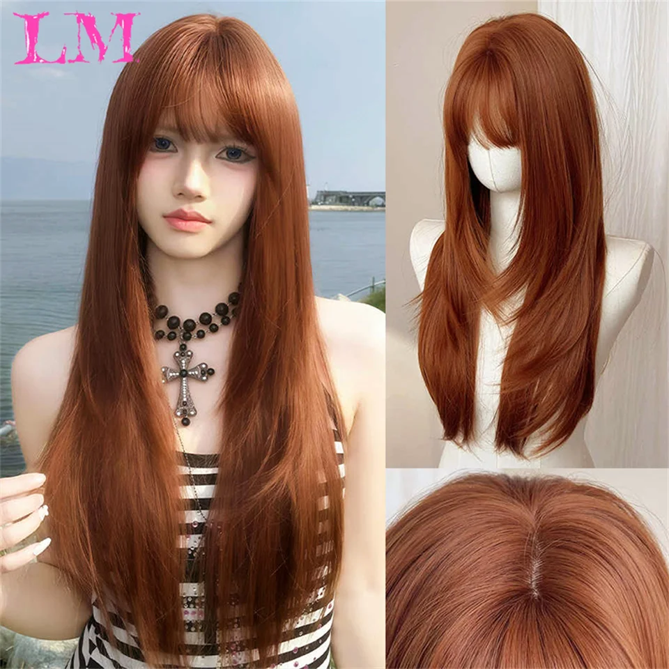 

LM Synthetic Wig Fashion Women Natural Air Bangs Big Waves Orange Long Straight Hair Daily Party Use Full Head Cover
