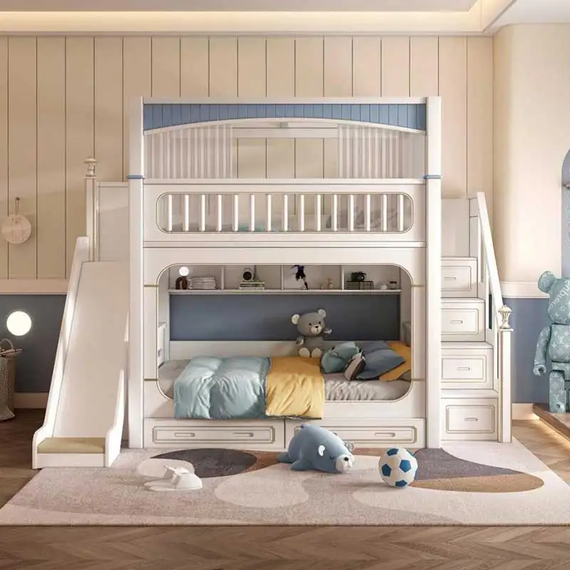 Modernes Haus Weiße Kinderzimm – Bunk Bed With Stairs And Slide Bewertung und Preis