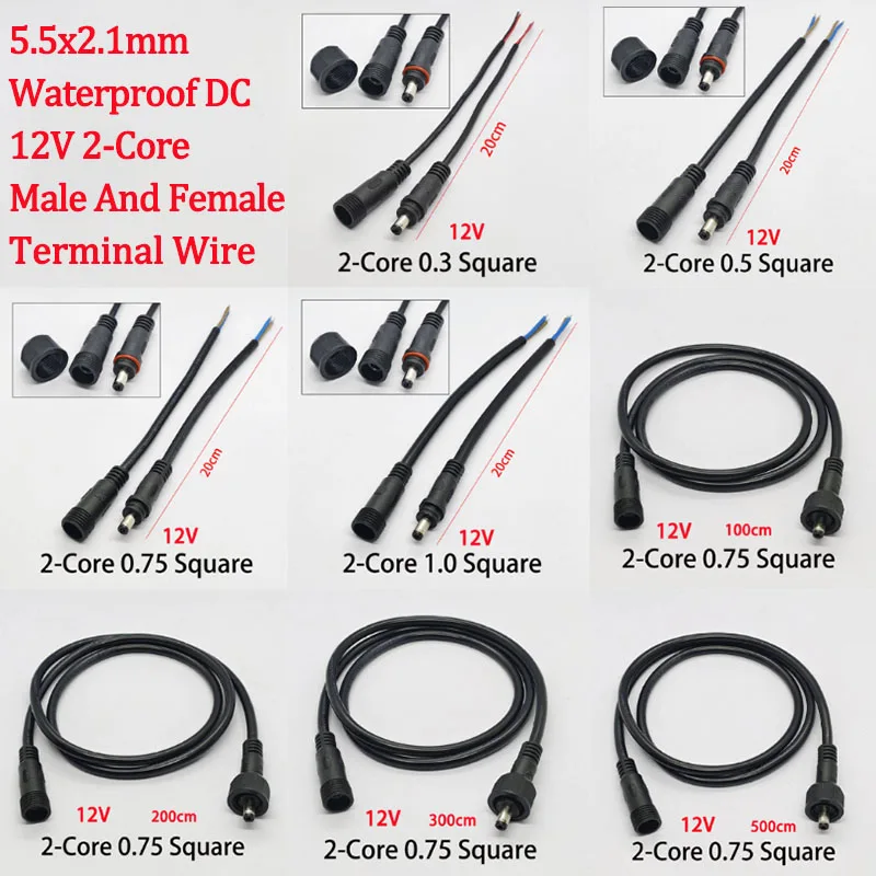 

1PC 12V DC Power Plug 5.5x2.1mm 2-Core Waterproof Connector Male Female Terminal Butt Joint Monitoring Line 1-5M Extension Cord