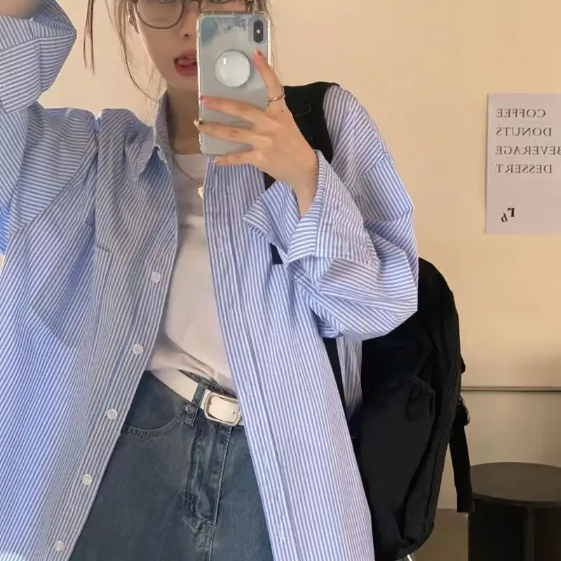 Blauw Gestreepte Shirts Dames Losse BF Lange mouw Zonbestendig Studenten Japanse stijl Eenvoudig Lente All-match Casual Chic Mode Ins