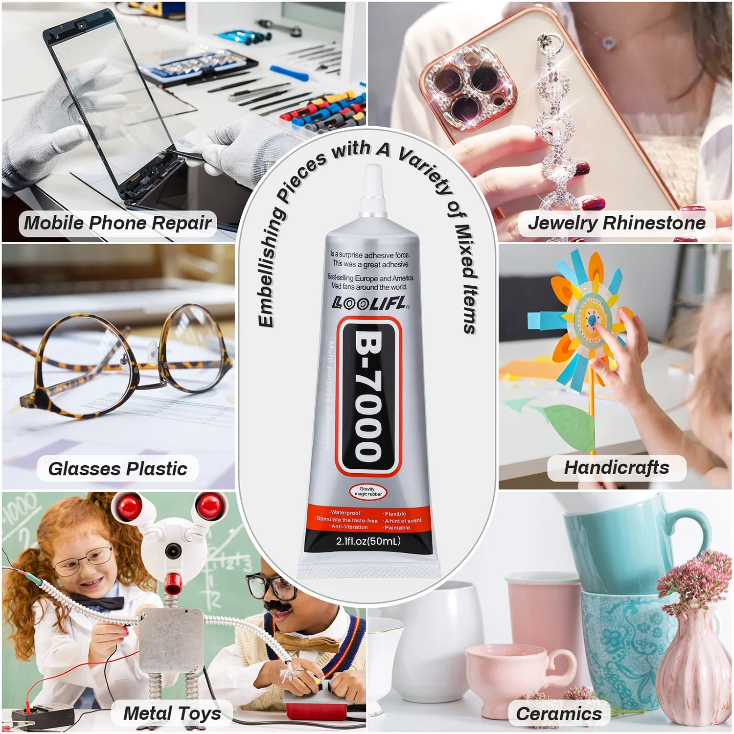 B7000 Rhinestones Glue for Crafts, Transparent Industrial Adhesive for Fabric Phone Repair Jewelery Making Crystal Gem