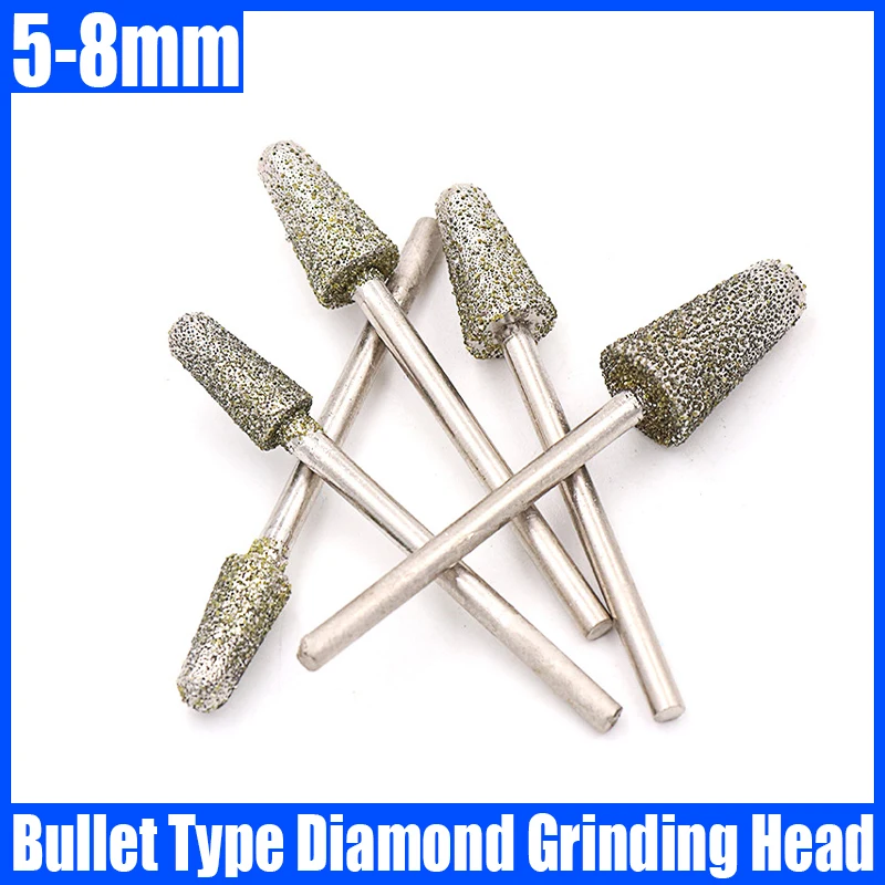 5/6/8mm 60 Grit Bullet Type Diamond Grinding Head Needle Bits Burrs Engraving Carving Tool 3mm Shank Grinding Bit Polishing Tool