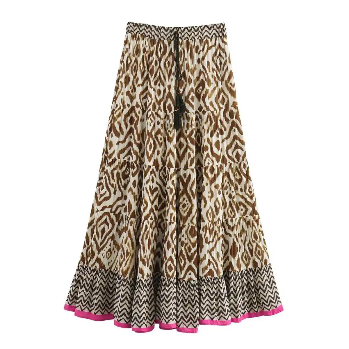 

Повседневный костюм с высокой талией и принтом для женщин, уличная хлопковая юбка трапециевидной формы с узлом, средней длины, посадка-стойка