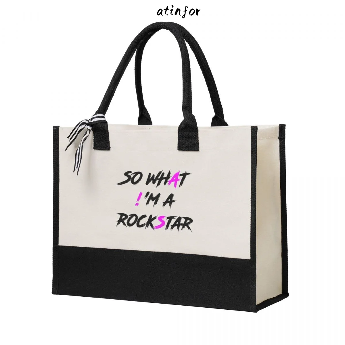 atinfor 43x17x32CM SO WHAT I'M A ROCKSTAR Women Canvas Handbag Lady Beach Shoulder Shopping Casual Beach Bag Large