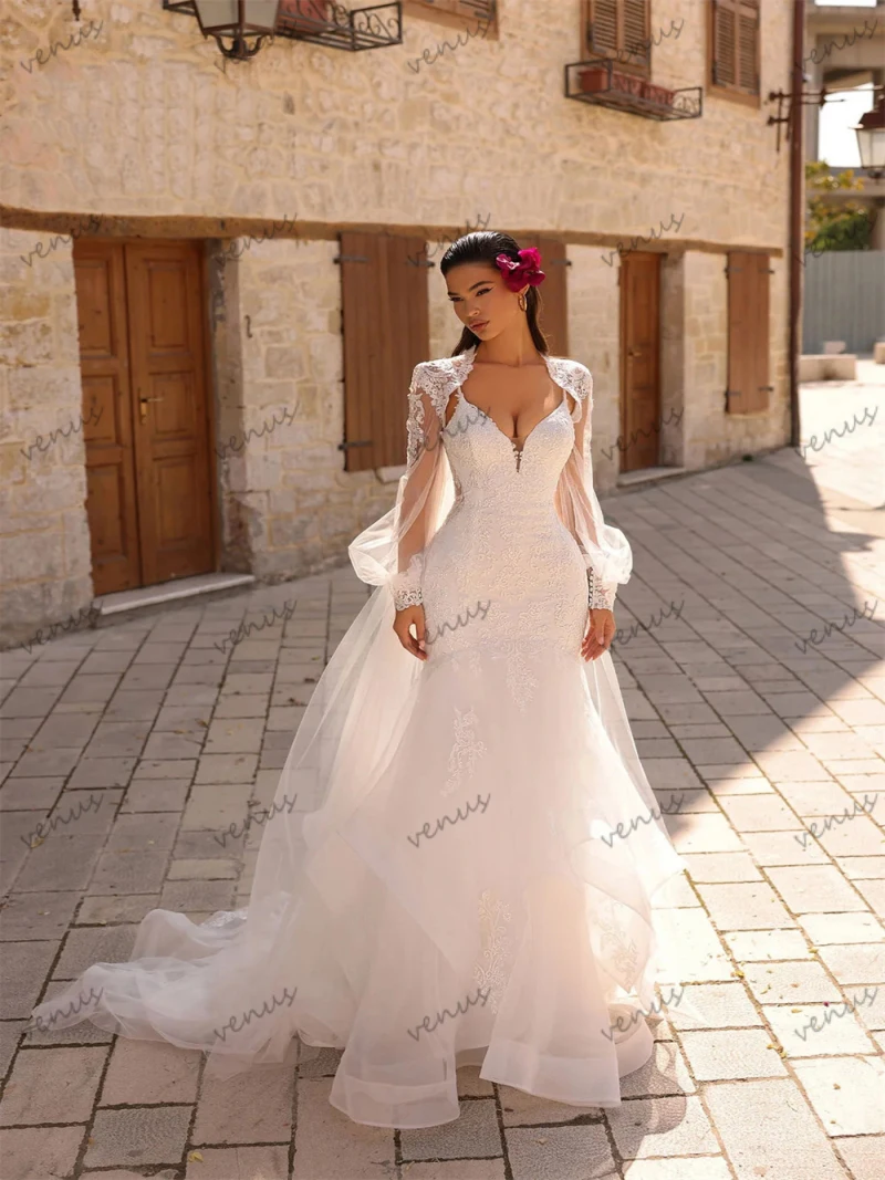 Exquisite Brautkleider Vintage Brautkleider Spitzen applikationen lange Puff ärmel Scheide Meerjungfrau Schatz Robe Vestidos de Novia