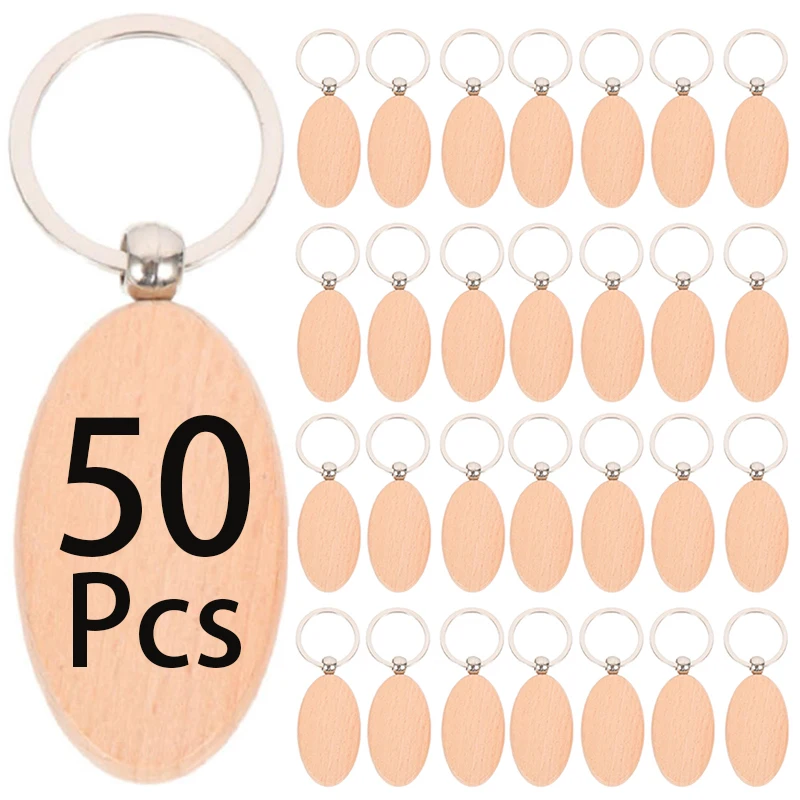 

50Pcs Wooden Keychain Blanks Wood Key Tags