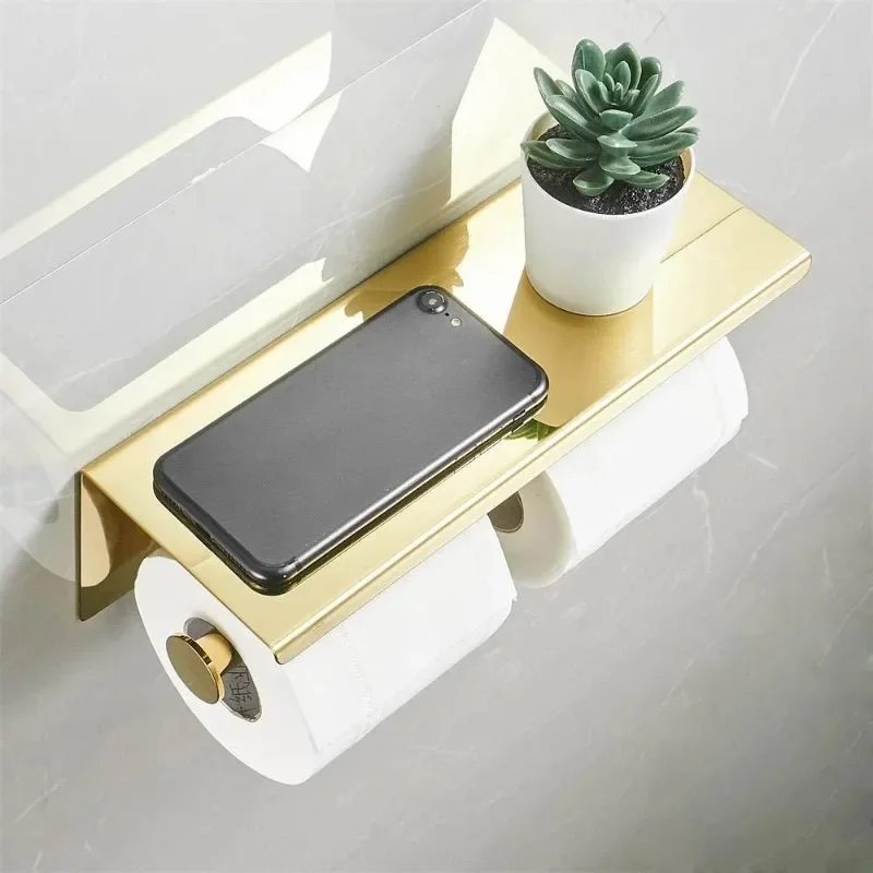 

Multifunctional Toilet Paper Holder with Shelf Wall Mounted Double Roll Towel Holder Bathroom Gold Towel racks for bathroom