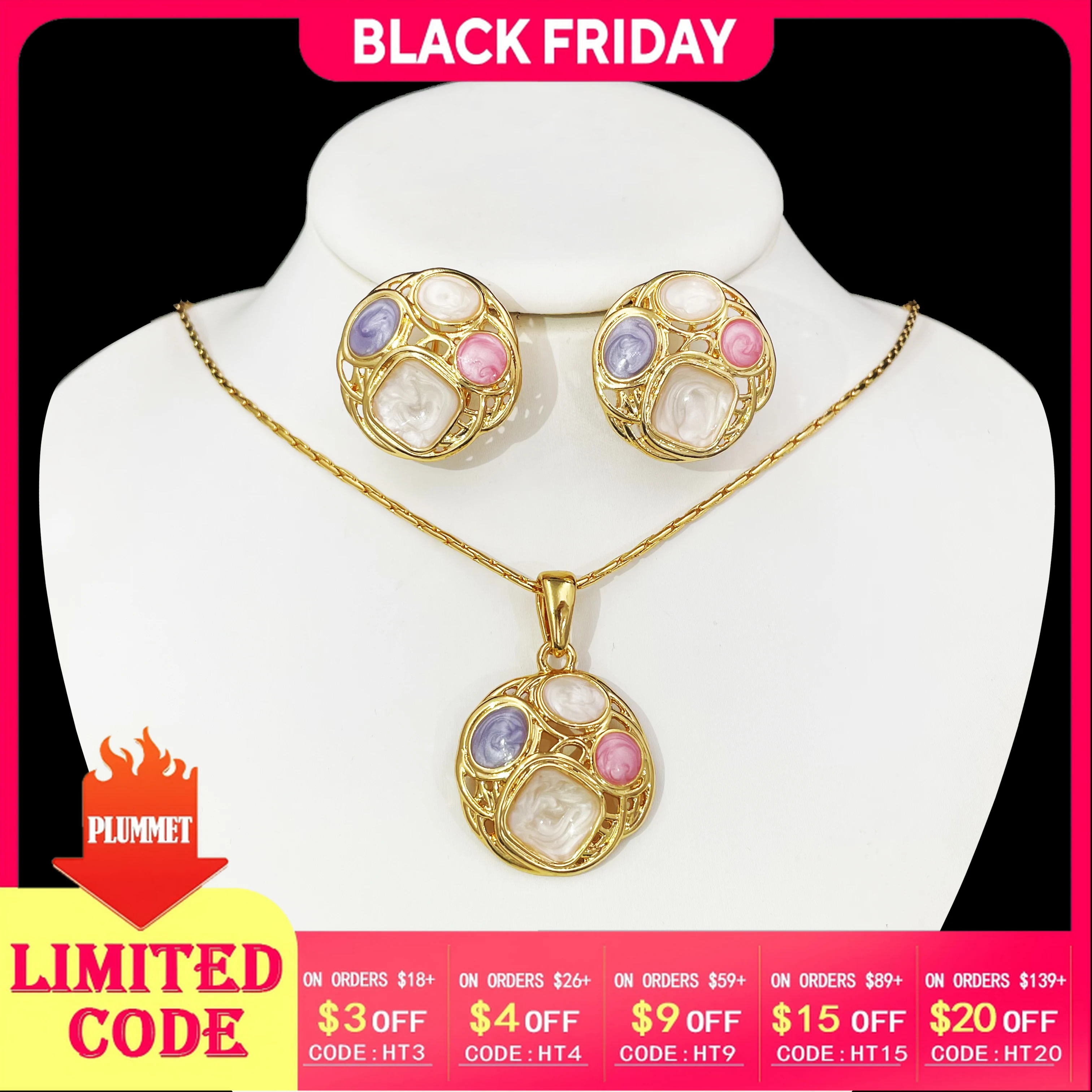 

Fashion little Pendant Necklace And Earrings Set Gold Plated 3PCS Choker Set Jewelry Trending Wedding Party Gift