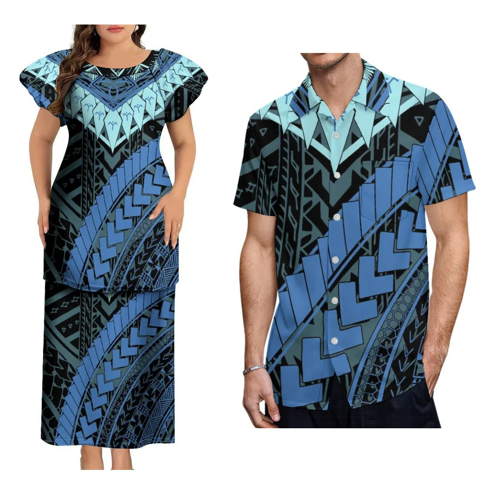 Puletasi feminino topo e vestido longo de duas peças vestido de noite polinésia samoa praia festa casal conjunto masculino camisa aloha