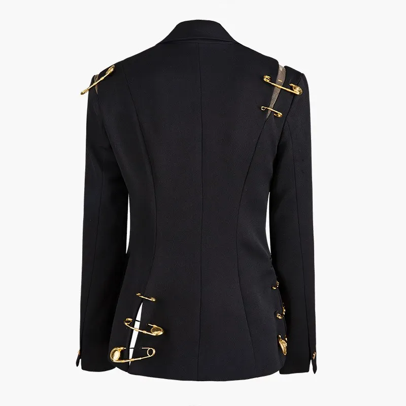 TWOTWINSTYLE Solid Chic Blazers For Women Notched Collar Long Sleeve Patchwork Metal Buckle Hollow Out Designer Blazer Female