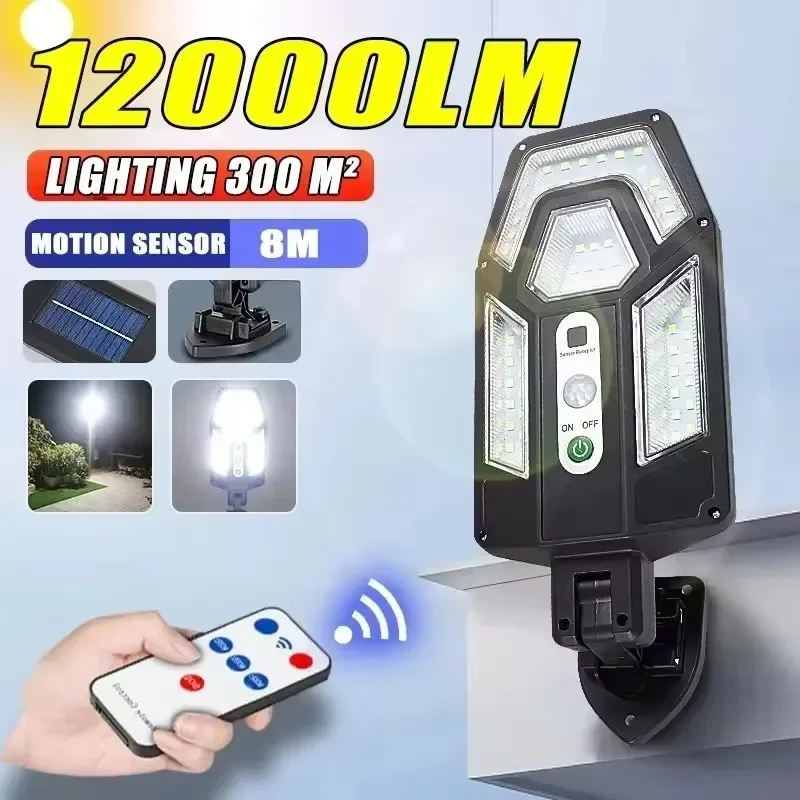 12000LM Powerful Solar Wall Lamp with Remote Outdoor IP65 Waterproof LED Floodlight with Sensor Garden Yard Lantern Street Light