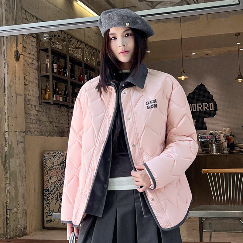 

Lightweight Thin Down Cotton Padded Jackets Autumn Winter Short Coats Contrast Color Lapel Rhombic Letter Loose Outwear Trend