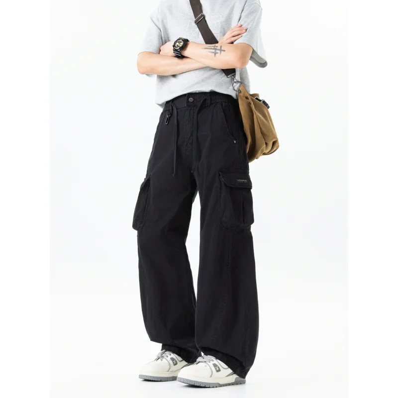 

Men's American Retro Washed Work Pants Summer Loose Straight Leg Wide Leg Casual Floor Pants with Large Pockets Trendy